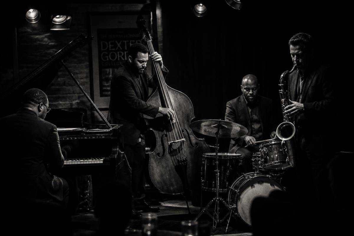 K.U.S.H Quartet performing on a dimly lit jazz stage